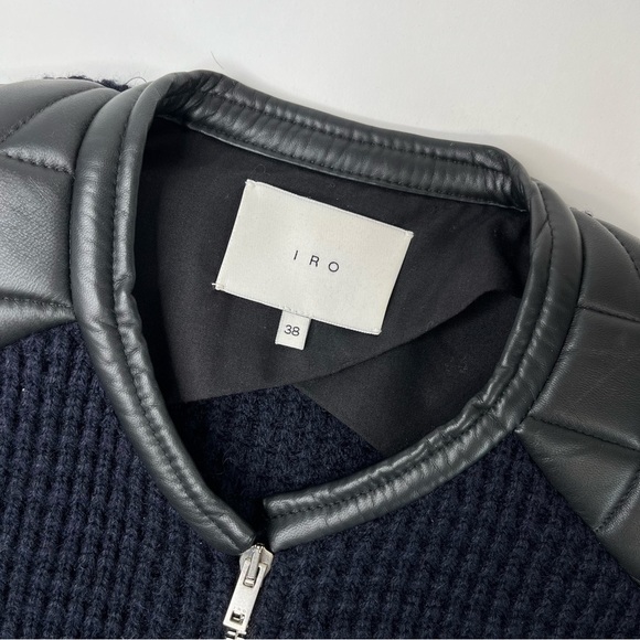 IRO Ceylona Navy Blue Waffle Pattern Knit Black Quilted Leather Edgy Zip Blazer - Picture 3 of 15